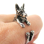 3D German Shepherd Shaped Animal Wrap Ring in Shiny Silver | Sizes 4 to 8.5 | DOTOLY