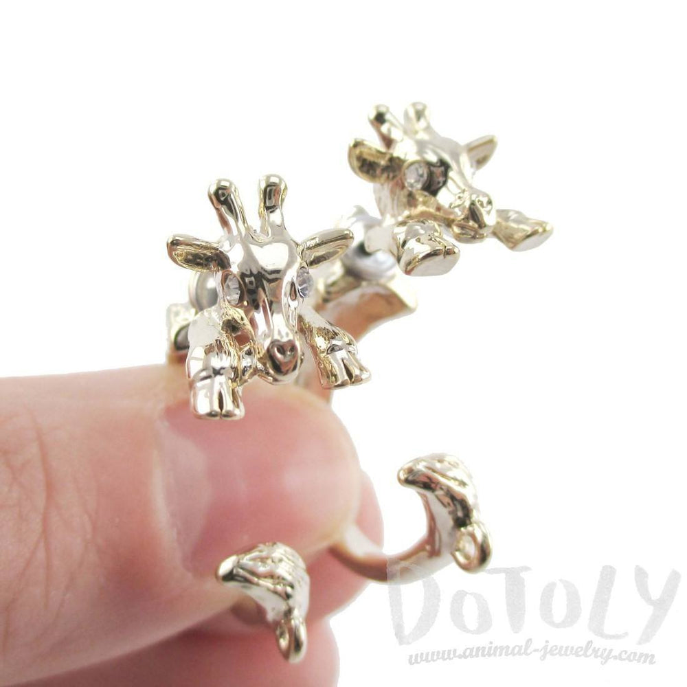 3D Giraffe Shaped Front and Back Two Part Stud Earrings in Gold | DOTOLY