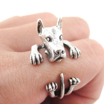 3D Great Dane German Mastiff Dog Shaped Animal Wrap Ring in Silver