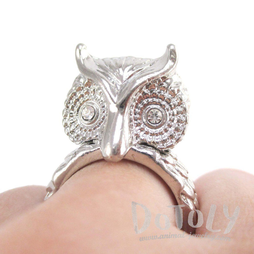 3D Great Horned Owl Shaped Animal Ring in Shiny Silver | DOTOLY