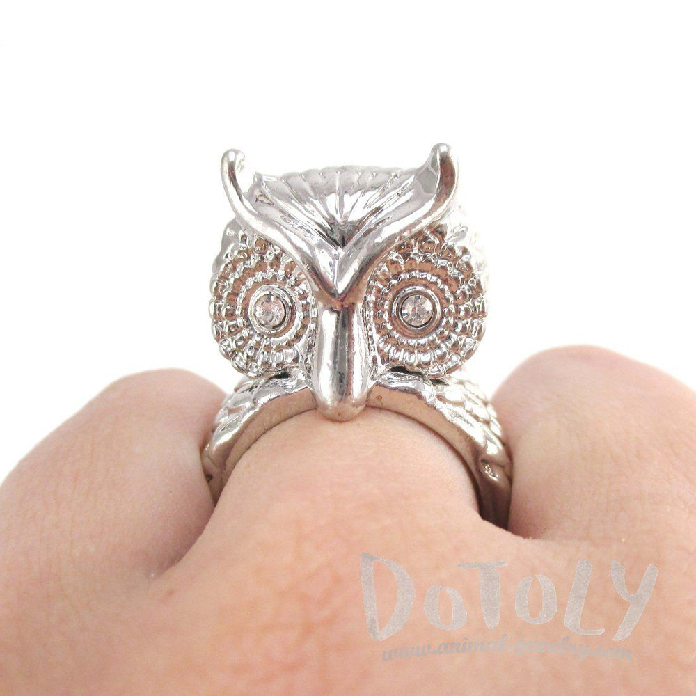 3D Great Horned Owl Shaped Animal Ring in Shiny Silver | DOTOLY
