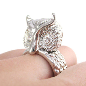 3D Great Horned Owl Shaped Animal Ring in Shiny Silver | DOTOLY