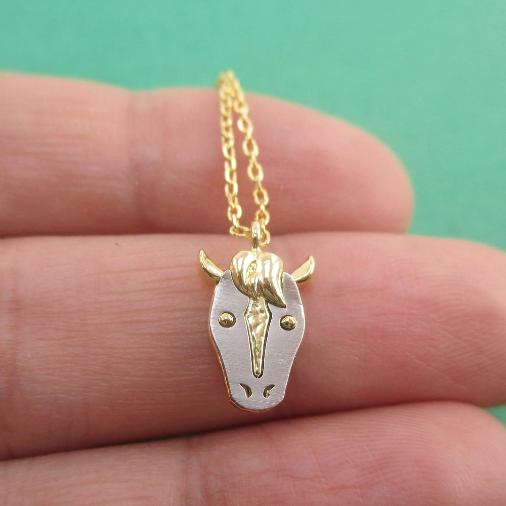3D Horse Face with Raised Mane Shaped Pendant Necklace Silver or Gold