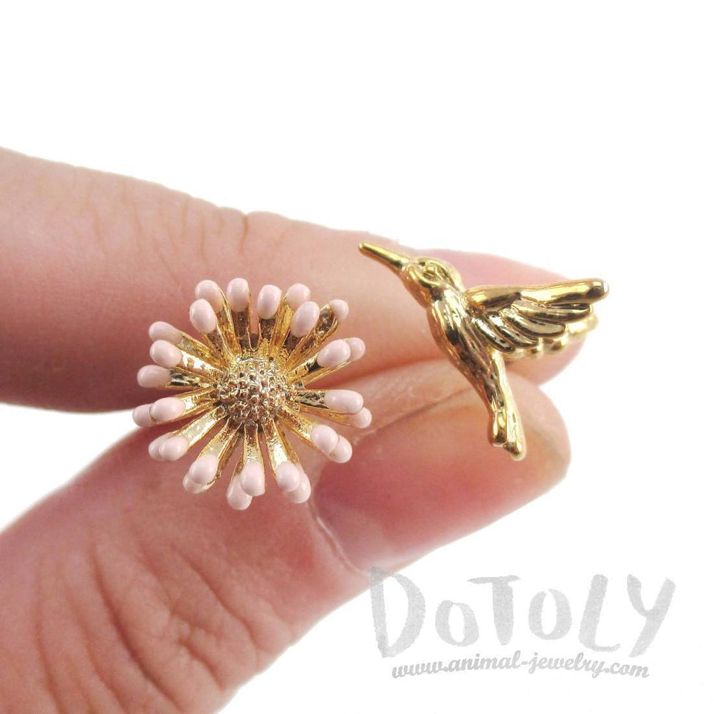 Hummingbird and Flower Shaped Stud Earrings in Gold | Animal Jewelry