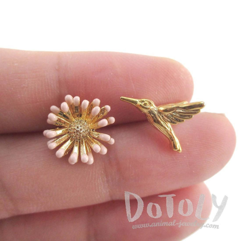 Hummingbird and Flower Shaped Stud Earrings in Gold | Animal Jewelry