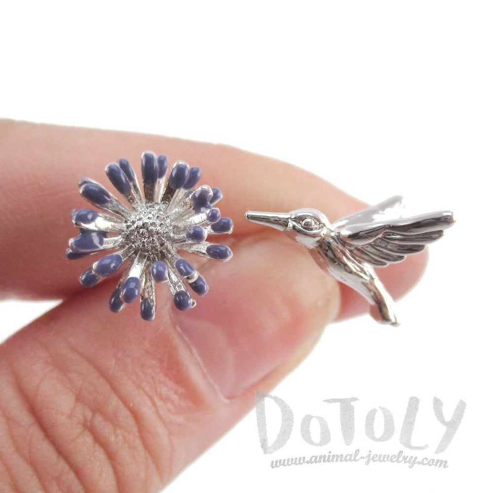 Hummingbird and Flower Shaped Stud Earrings in Silver | Animal Jewelry