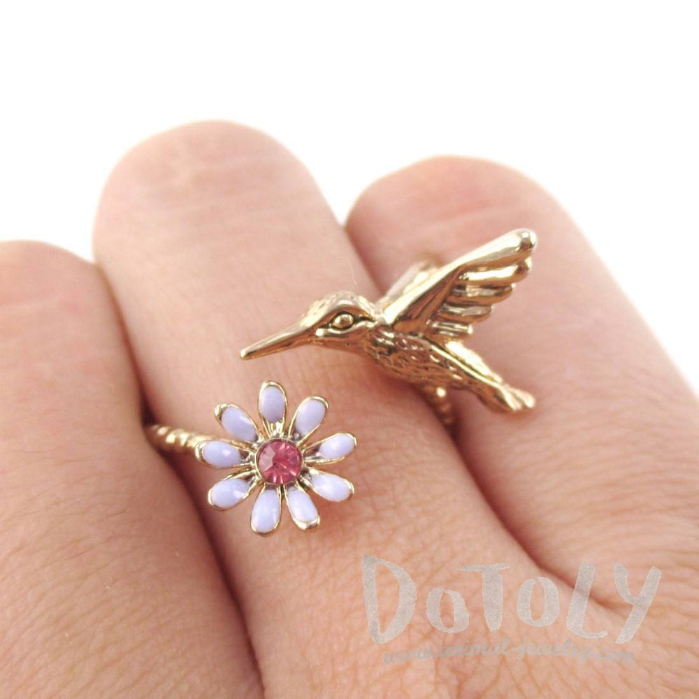3D Hummingbird and Flower Shaped Wrap Adjustable Ring in Rose Gold