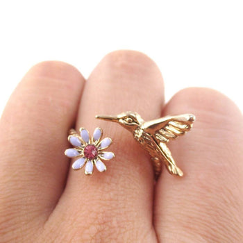 3D Hummingbird and Flower Shaped Wrap Adjustable Ring in Rose Gold