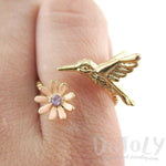 3D Hummingbird and Flower Wrap Around Adjustable Ring in Gold | DOTOLY