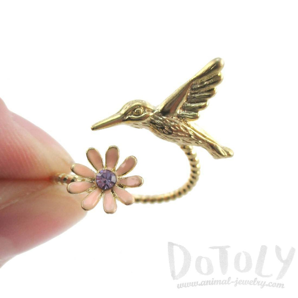 3D Hummingbird and Flower Wrap Around Adjustable Ring in Gold | DOTOLY
