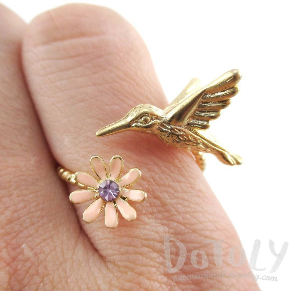 3D Hummingbird and Flower Wrap Around Adjustable Ring in Gold | DOTOLY