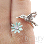 3D Hummingbird and Flower Wrap Around Adjustable Ring in Silver | DOTOLY