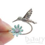 3D Hummingbird and Flower Wrap Around Adjustable Ring in Silver | DOTOLY