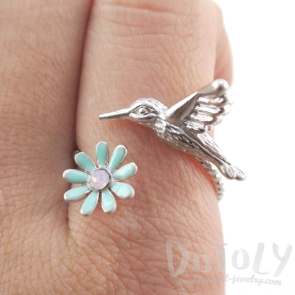 3D Hummingbird and Flower Wrap Around Adjustable Ring in Silver | DOTOLY