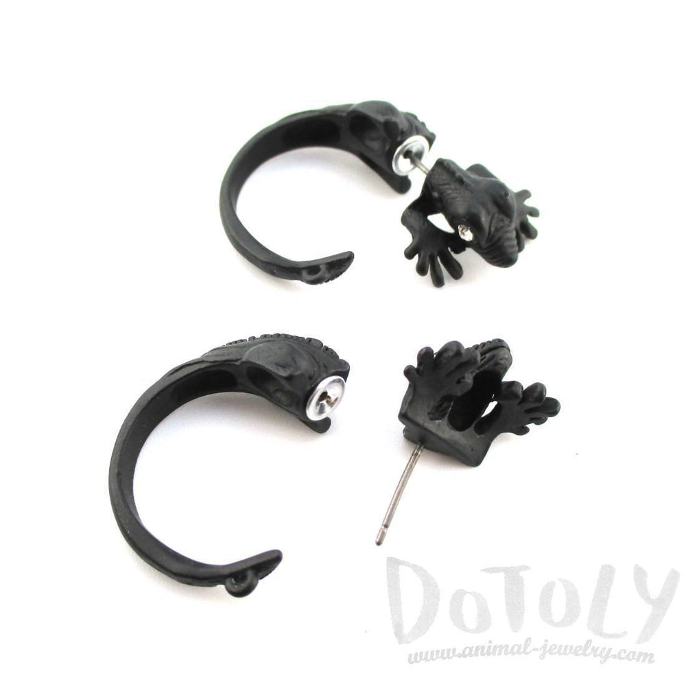 3D Iguana Lizard Shaped Front and Back Two Part Stud Earrings in Black | DOTOLY