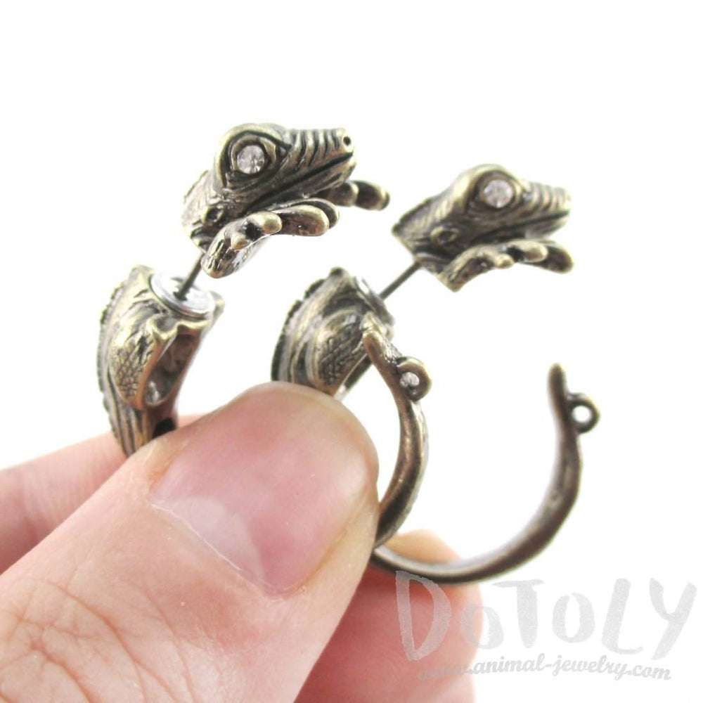 3D Iguana Lizard Shaped Front and Back Two Part Stud Earrings in Brass | DOTOLY