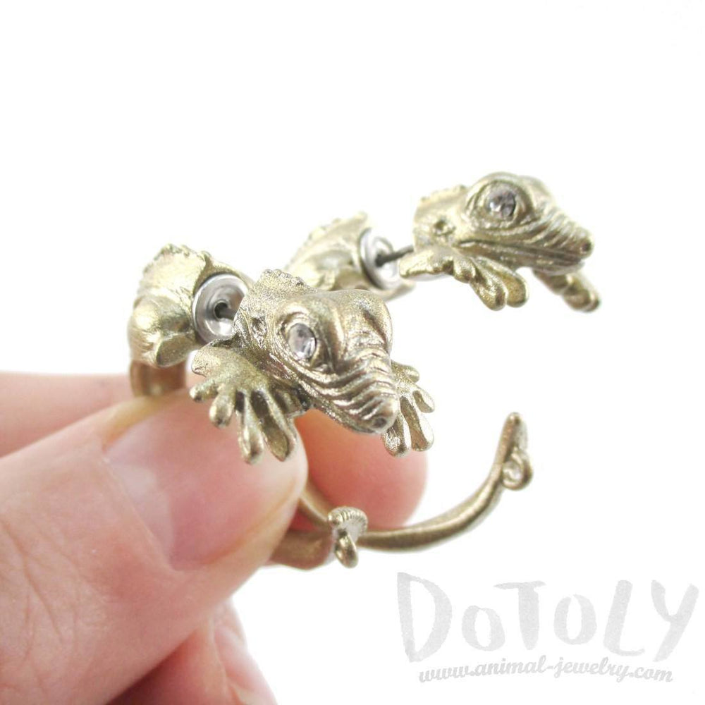 3D Iguana Lizard Shaped Front and Back Two Part Stud Earrings in Gold | DOTOLY