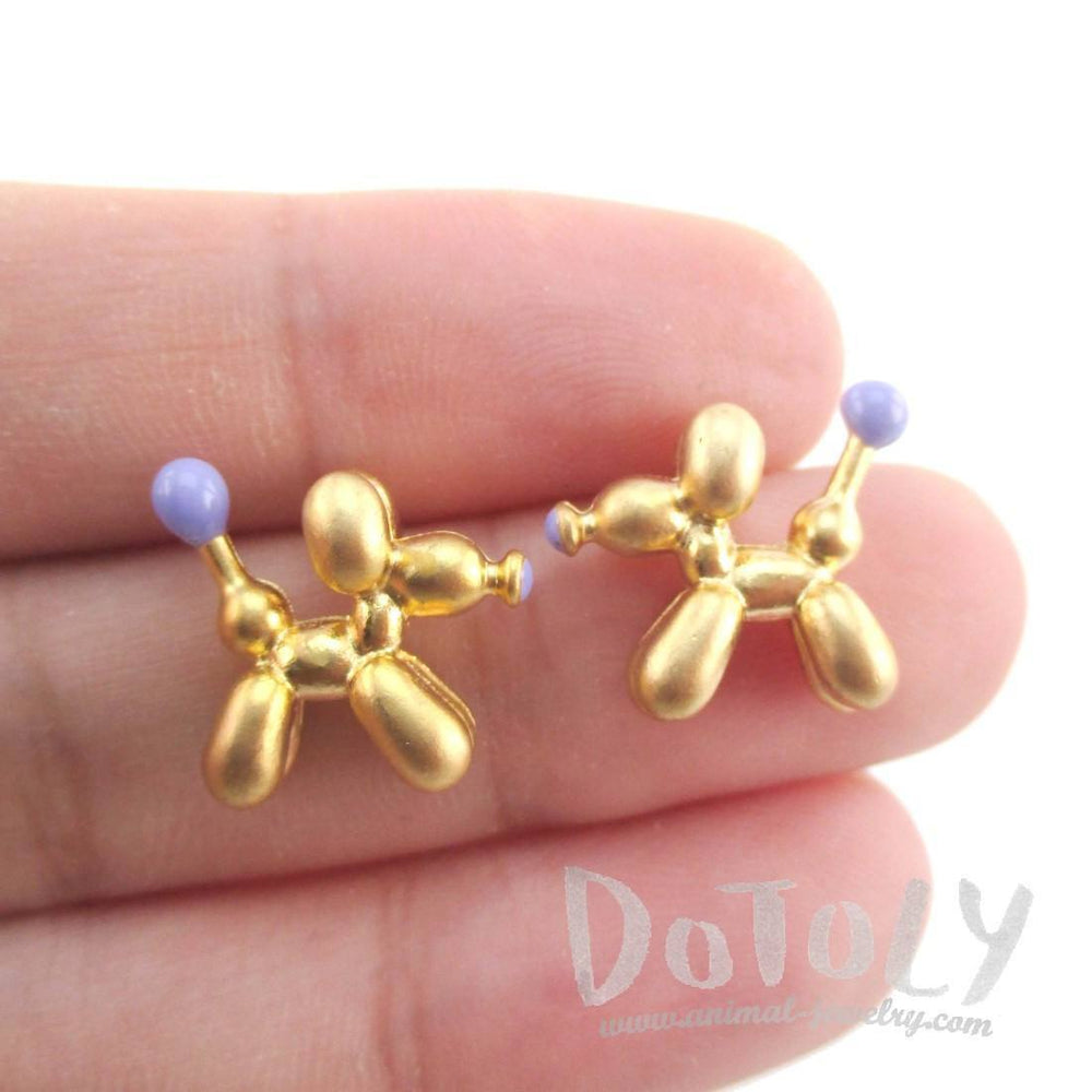 3D Jeff Koons Balloon Dog Shaped Stud Earrings in Purple and Gold