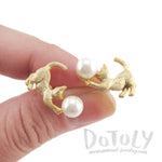 3D Kitty Cat Playing With a Ball Shaped Stud Earrings in Gold | DOTOLY