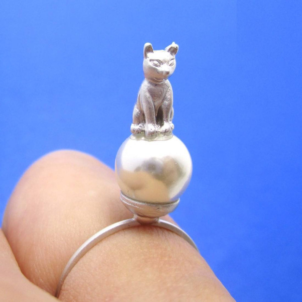 3D Kitty Cat Shaped Animal Ring on A Pearl Bead in Silver | DOTOLY