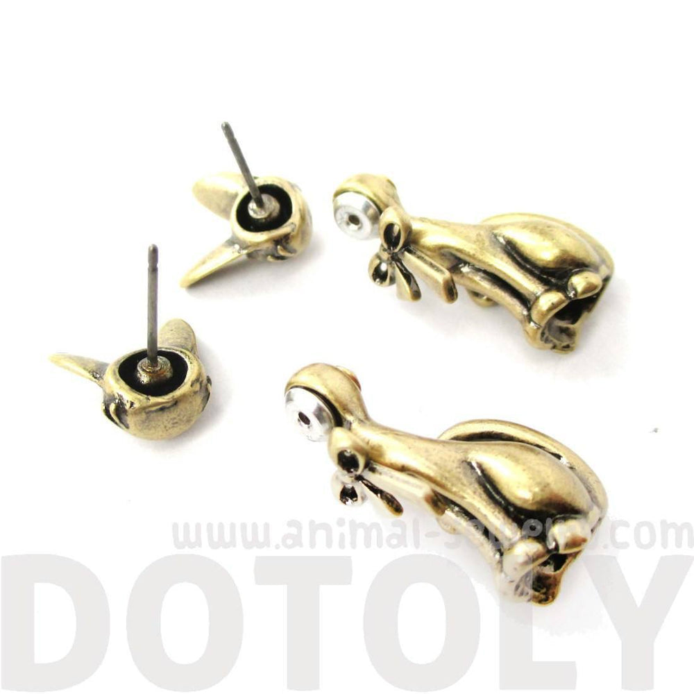 3D Kitty Cat Shaped Two Part Front and Back Dangle Earrings in Brass | DOTOLY | DOTOLY