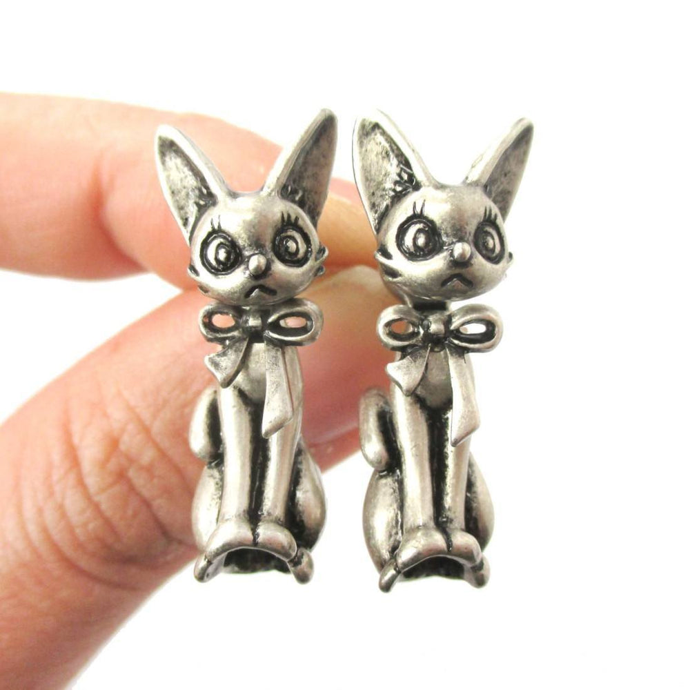 3D Kitty Cat Shaped Two Part Front and Back Dangle Earrings in Silver | DOTOLY | DOTOLY