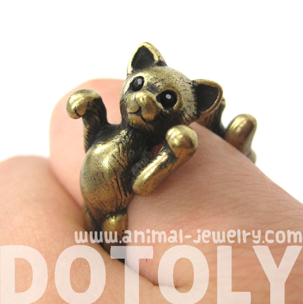 3D Kitty Cat Two Tailed Animal Wrap Around Ring in Brass - Sizes 5 to 9 Available | DOTOLY