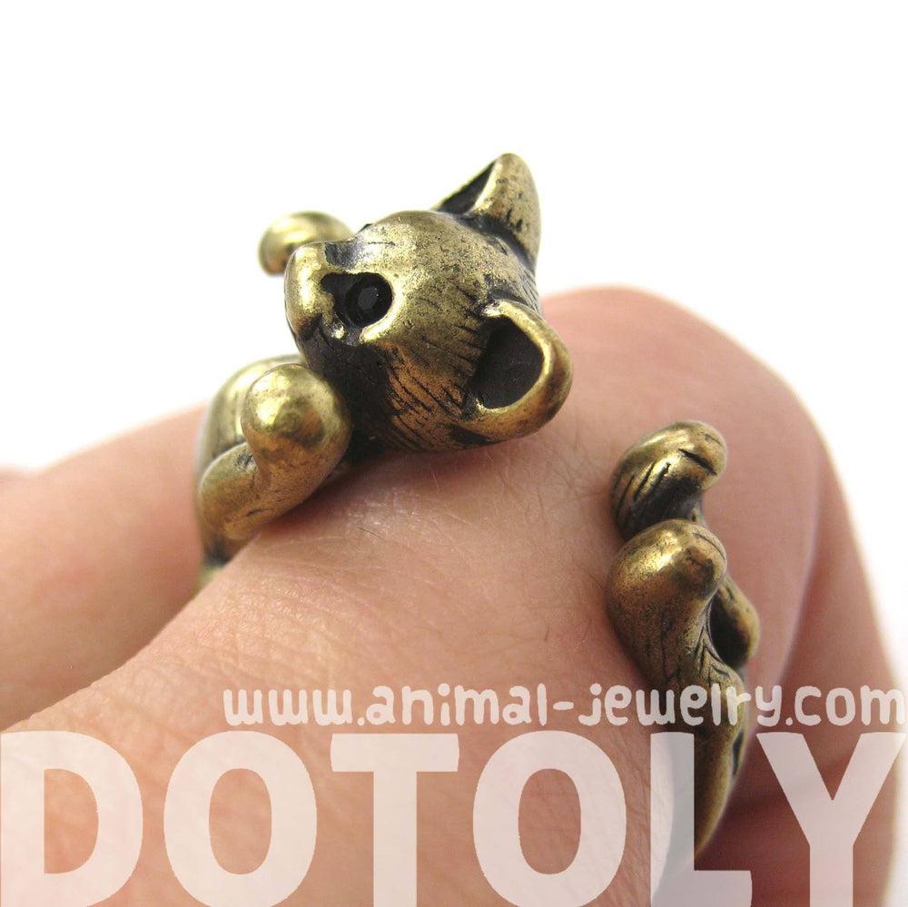 3D Kitty Cat Two Tailed Animal Wrap Around Ring in Brass - Sizes 5 to 9 Available | DOTOLY