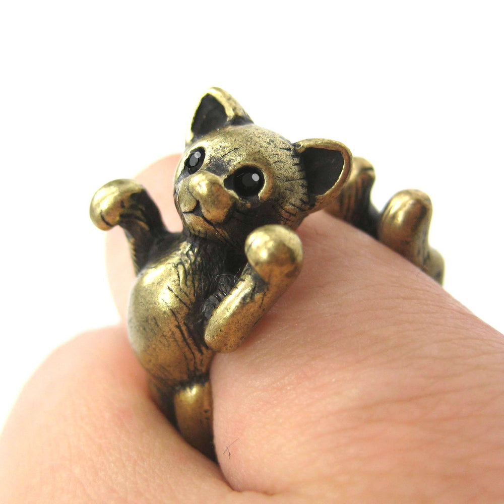 3D Kitty Cat Two Tailed Animal Wrap Around Ring in Brass - Sizes 5 to 9 Available | DOTOLY