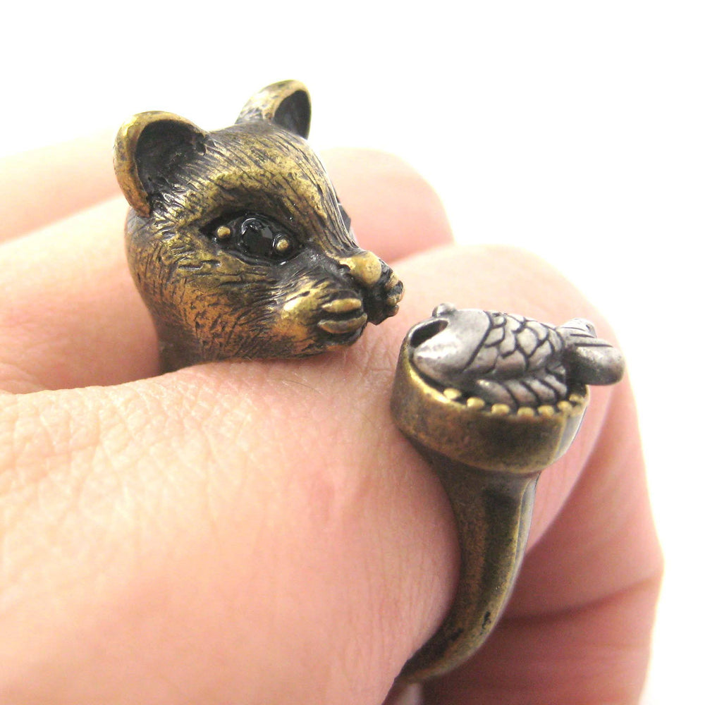 3D Kitty Cat with Fish Animal Wrap Ring in Brass | US Sizes 7 to 11 | DOTOLY