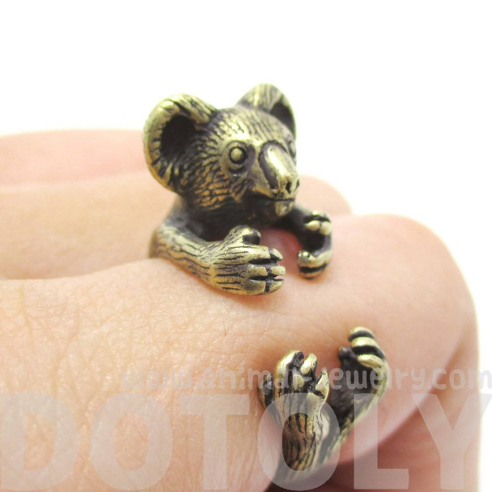 3D Koala Bear Wrapped Around Your Finger Shaped Animal Ring in Brass | US Size 4 to 8.5 | DOTOLY