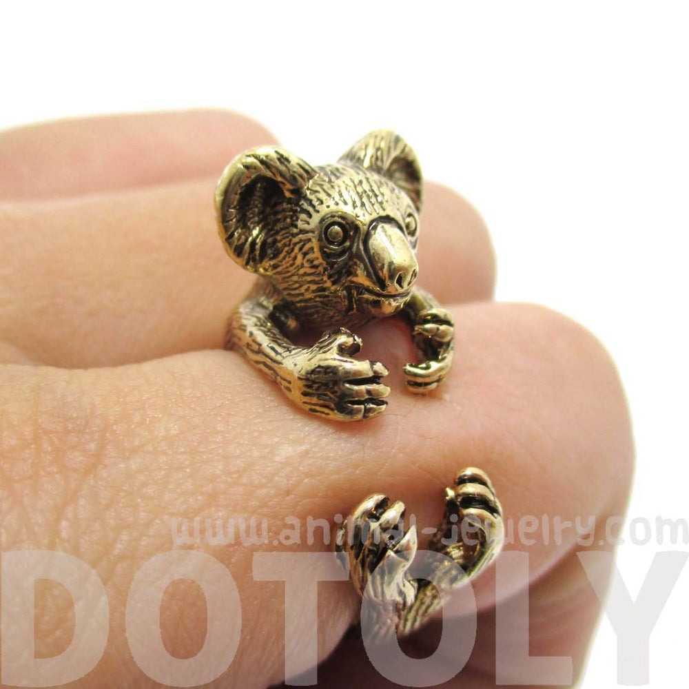 3D Koala Bear Wrapped Around Your Finger Shaped Animal Ring in Shiny Gold | US Size 4 to 8.5 | DOTOLY