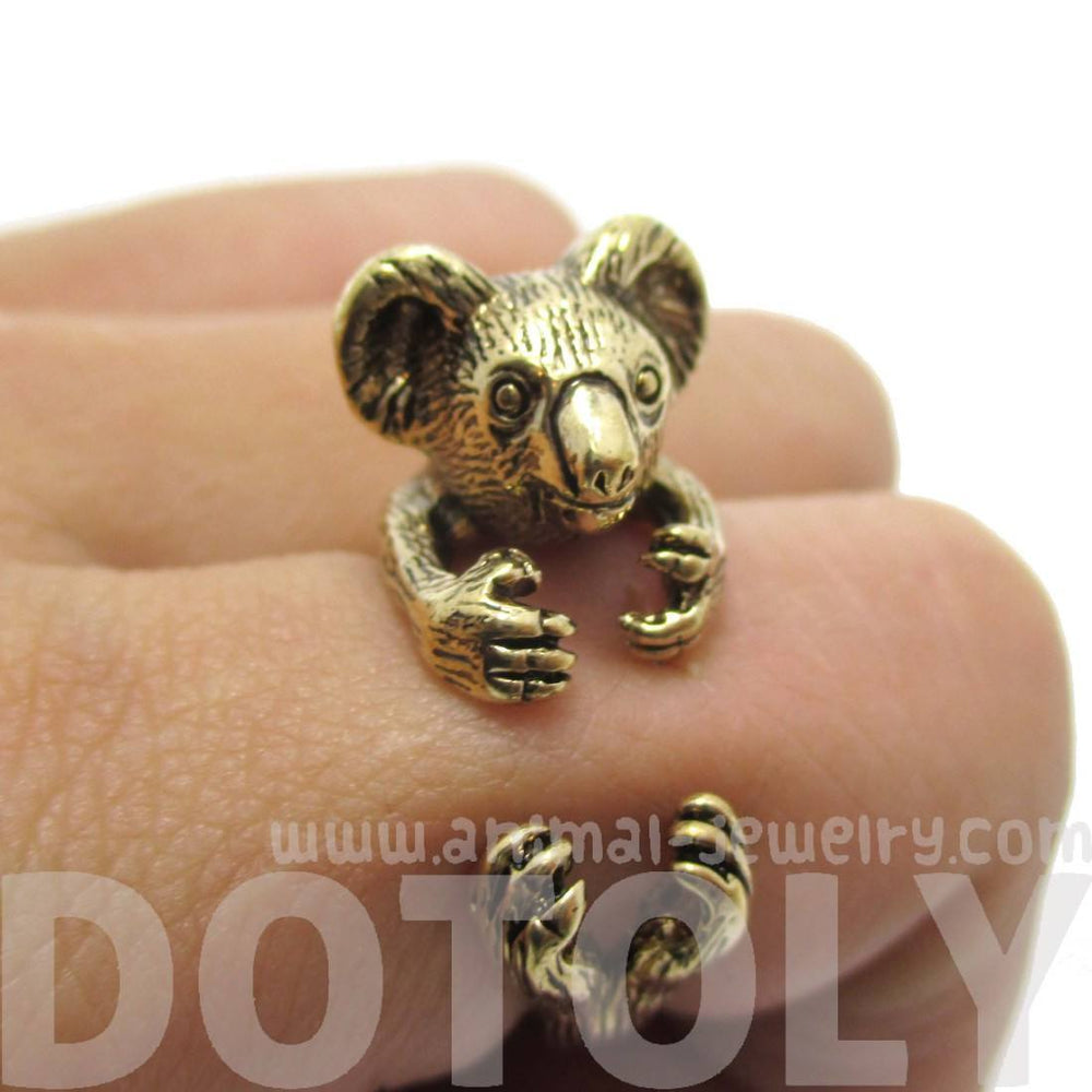 3D Koala Bear Wrapped Around Your Finger Shaped Animal Ring in Shiny Gold | US Size 4 to 8.5 | DOTOLY