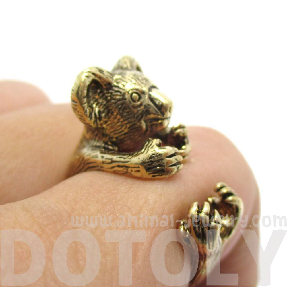 3D Koala Bear Wrapped Around Your Finger Shaped Animal Ring in Shiny Gold | US Size 4 to 8.5 | DOTOLY