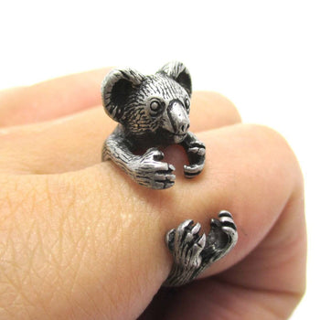 3D Koala Bear Wrapped Around Your Finger Shaped Animal Ring in Silver | US Size 4 to 8.5 | DOTOLY