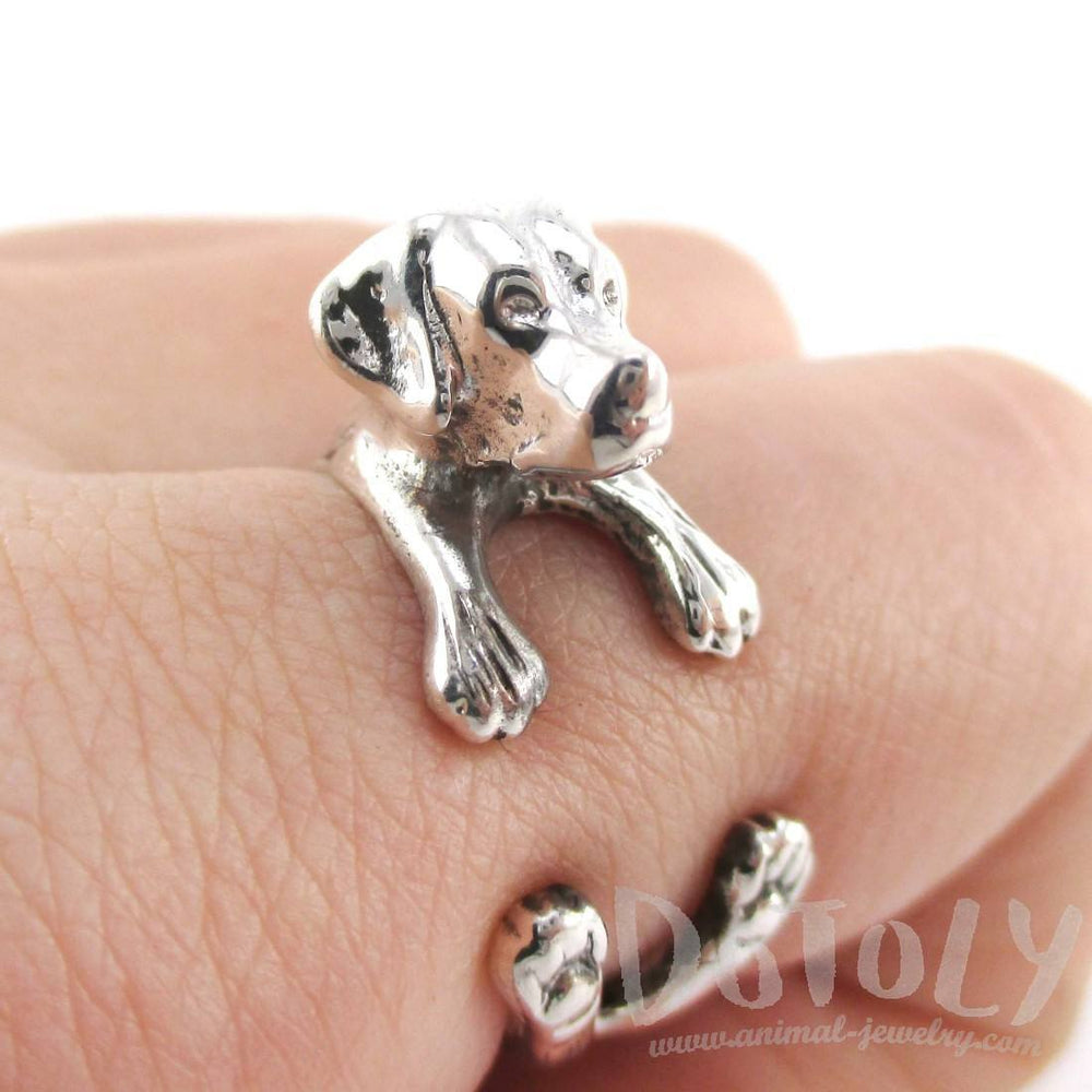 3D Labrador Retriever Shaped Animal Wrap Ring in 925 Sterling Silver | Sizes 4 to 8.5 | DOTOLY