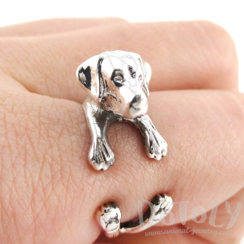 3D Labrador Retriever Shaped Animal Wrap Ring in 925 Sterling Silver | Sizes 4 to 8.5 | DOTOLY