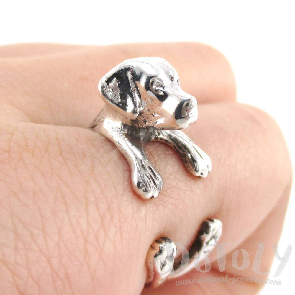 3D Labrador Retriever Shaped Animal Wrap Ring in 925 Sterling Silver | Sizes 4 to 8.5 | DOTOLY