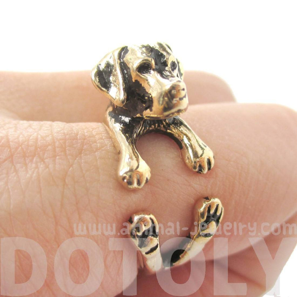 3D Labrador Retriever Shaped Animal Wrap Ring in Shiny Gold | Sizes 4 to 8.5 | DOTOLY