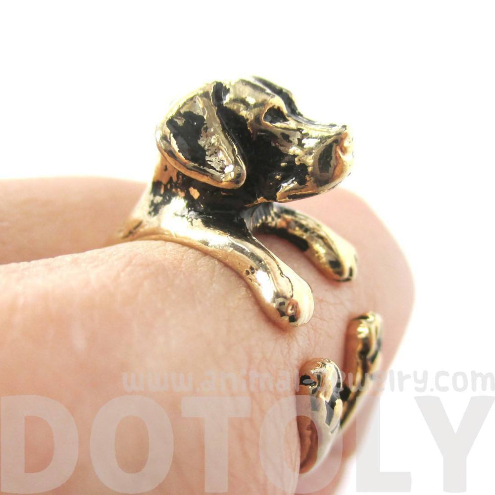 3D Labrador Retriever Shaped Animal Wrap Ring in Shiny Gold | Sizes 4 to 8.5 | DOTOLY