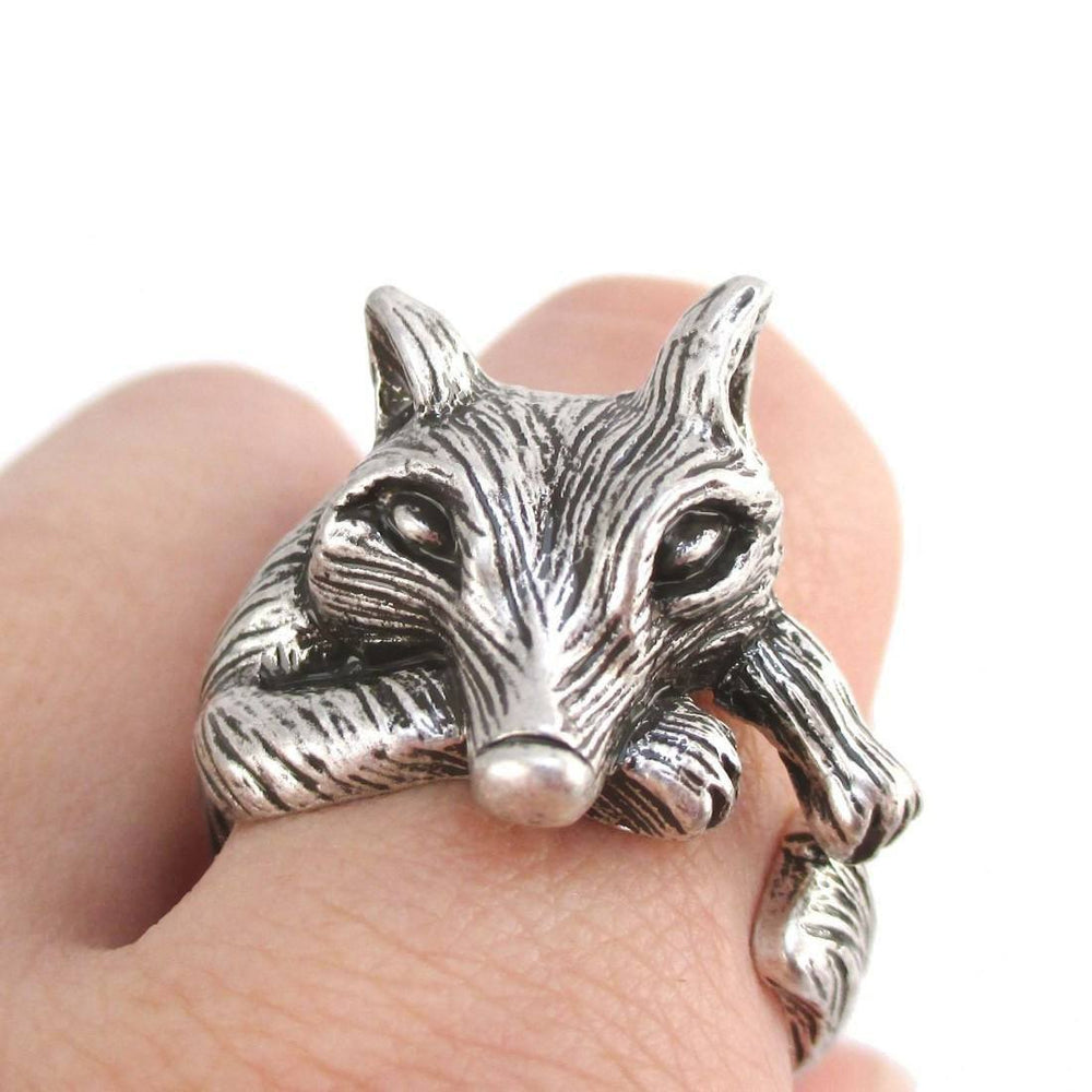 3D Lazy Fox Wrapped Around Your Finger Animal Ring in Silver | DOTOLY