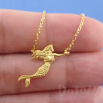 3D Mermaid with Flowing Hair Shaped Pendant Necklace in Gold | DOTOLY