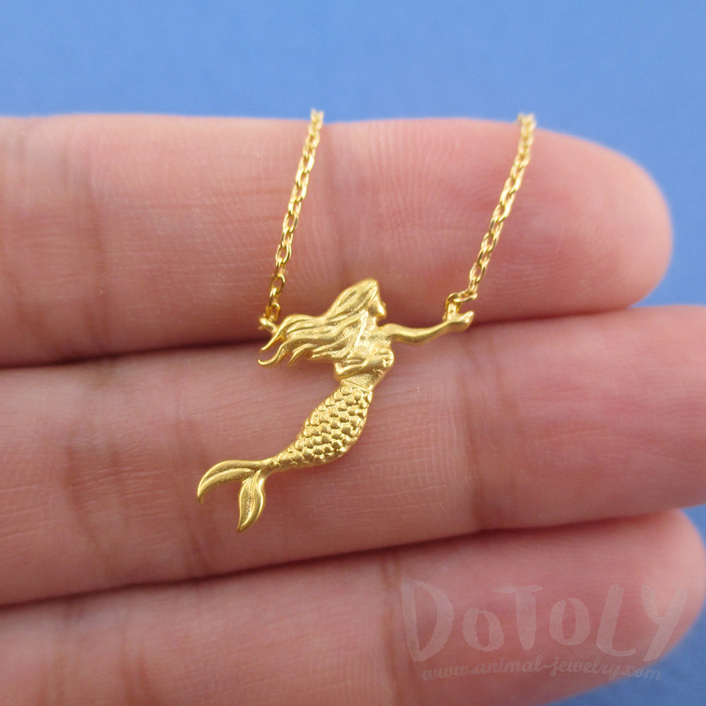 3D Mermaid with Flowing Hair Shaped Pendant Necklace in Gold | DOTOLY