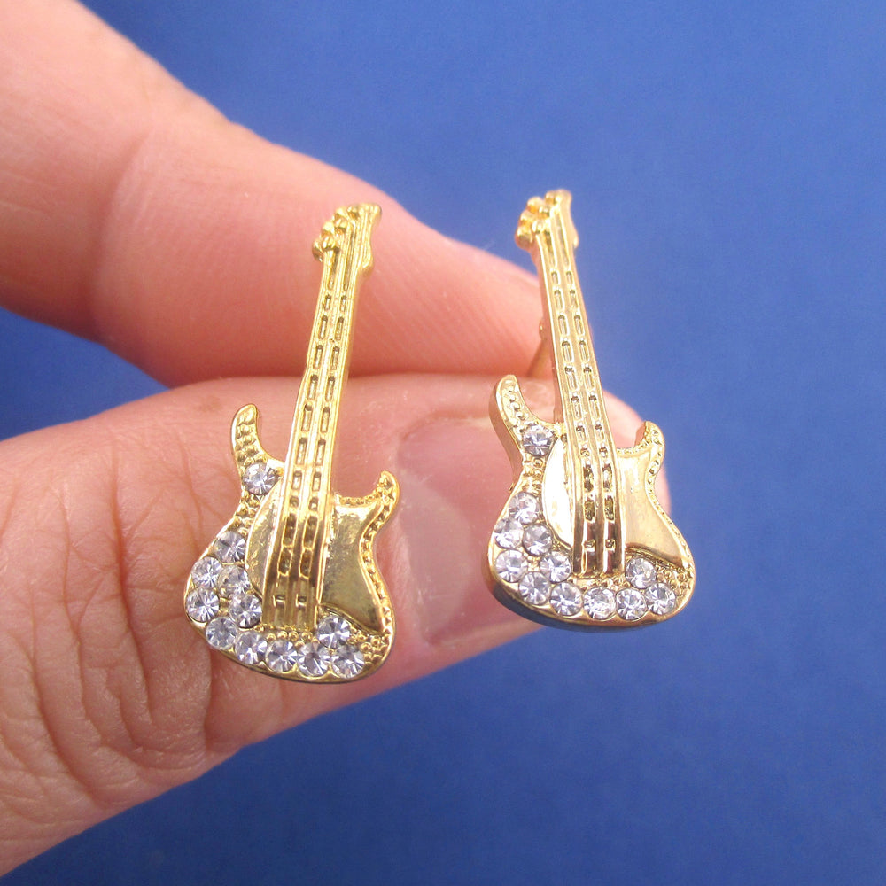 Miniature Electric Bass Guitar Shaped Musical Instrument Stud Earrings in Gold