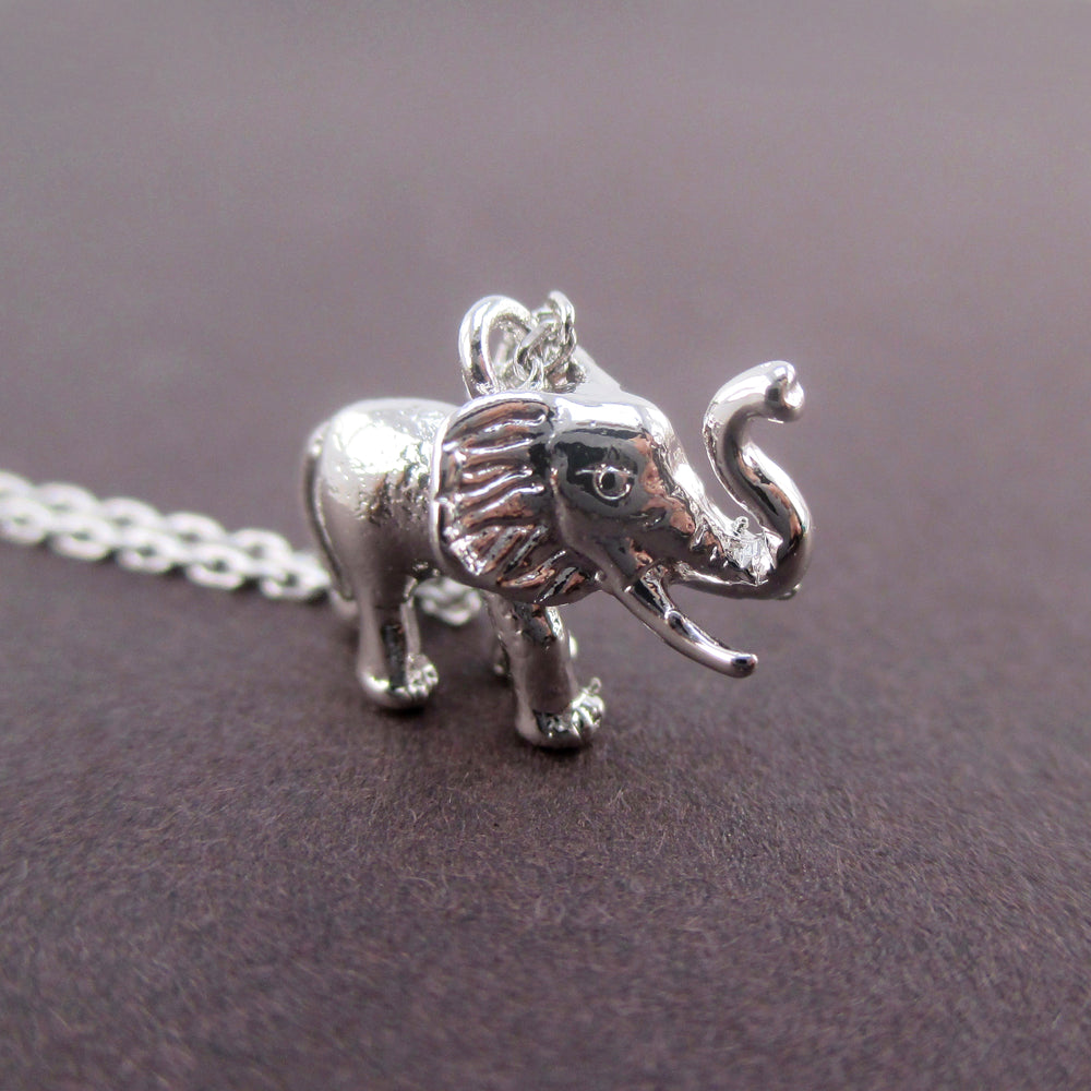 3D Miniature Elephant Figure Shaped Pendant Necklace in Silver or Gold