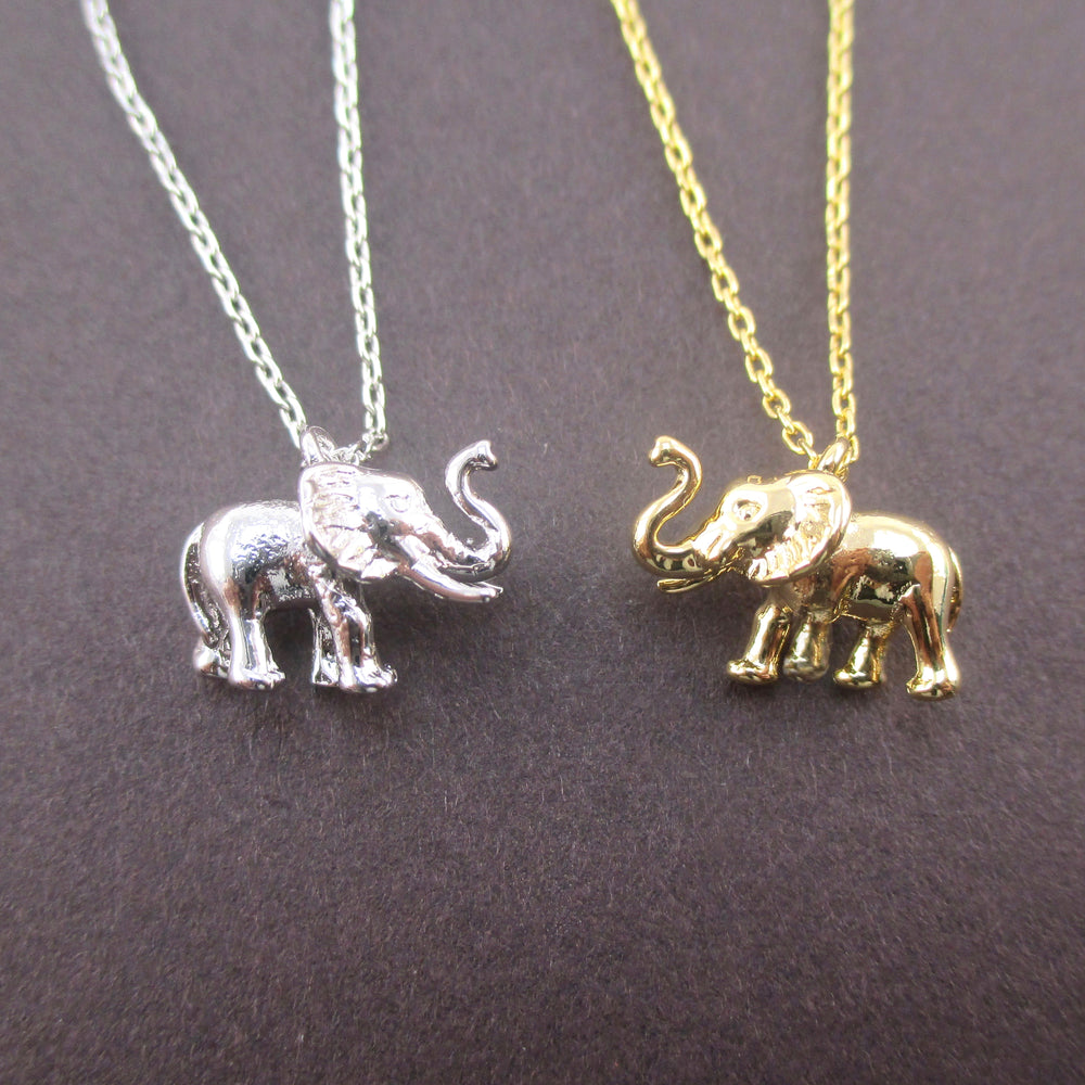 3D Miniature Elephant Figure Shaped Pendant Necklace in Silver or Gold