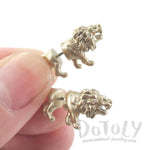 3D Miniature Lion Shaped Front and Back Earrings in Gold | DOTOLY