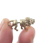 3D Miniature Lion Shaped Front and Back Earrings in Gold | DOTOLY
