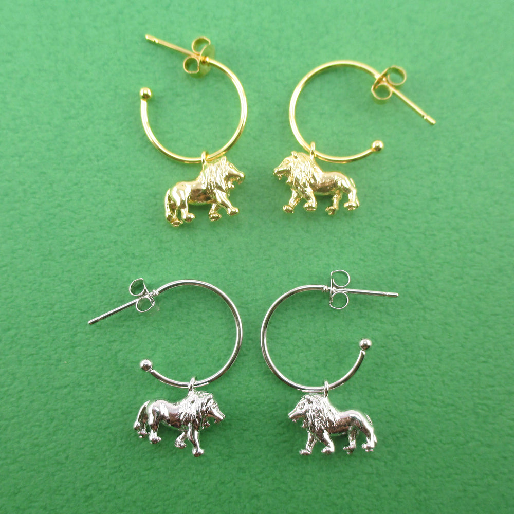 3D Miniature Lion Shaped Stud Hoop Earrings in Silver or Gold | DOTOLY