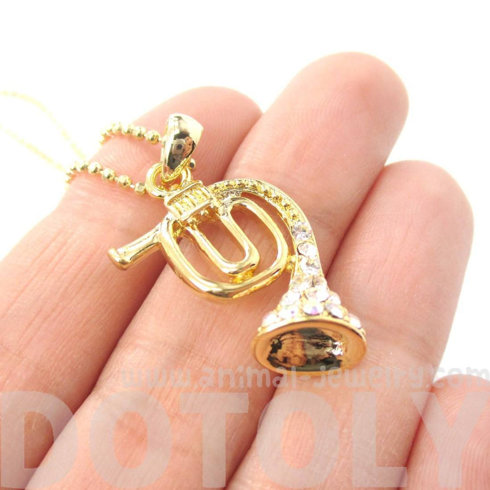 3D Miniature Musical Instrument French Horn Shaped Pendant Necklace in Gold | DOTOLY